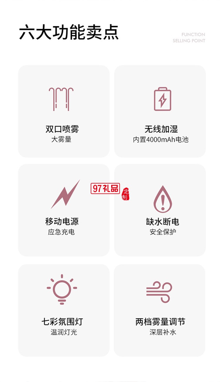 創(chuàng)意新品雙噴加濕器大容量1.1L內置電池充電款家用凈化器