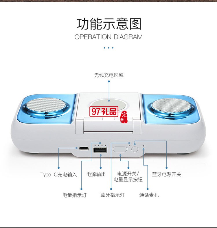 升級(jí)版雙音響重低音響無(wú)線(xiàn)充充電寶手機(jī)支架四合一體機(jī)